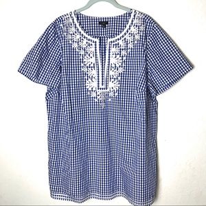 Talbots Blue Gingham Check Embroidered Tunic Top